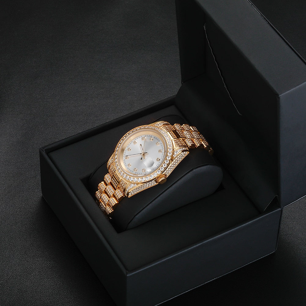 Men's 43mm Gold & Pearl White Diamond Iced Out Watch | King Division